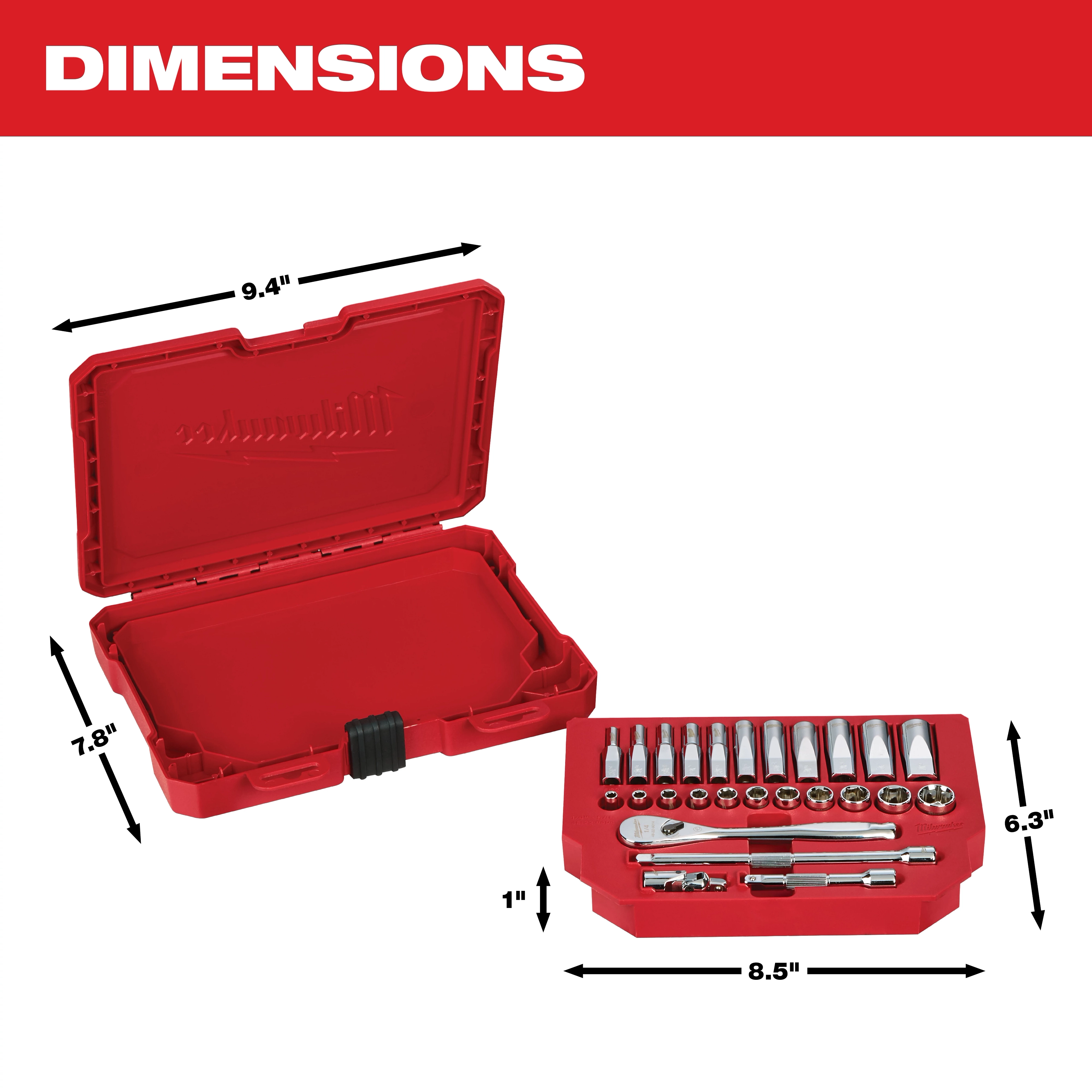 This image shows a red Milwaukee tool case and its matching tool set. The case dimensions are 9.4 inches by 7.8 inches, and the tool set dimensions are 8.5 inches by 6.3 inches by 1 inch. The tools are arranged neatly in the case compartments.