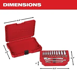 This image shows a red Milwaukee tool case and its matching tool set. The case dimensions are 9.4 inches by 7.8 inches, and the tool set dimensions are 8.5 inches by 6.3 inches by 1 inch. The tools are arranged neatly in the case compartments.