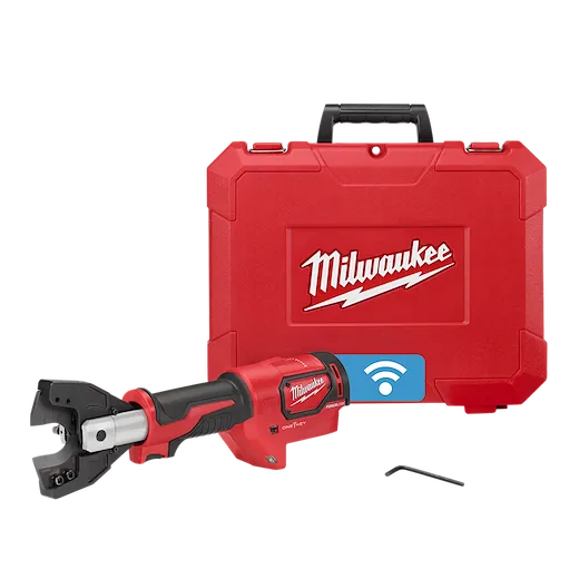 The image features the M18™ FORCE LOGIC™ Cable Cutter from Milwaukee, shown with its red carrying case. The cable cutter is black and red, with a metallic cutting head, and a hex key is placed beside it. The case is labeled with the Milwaukee logo.