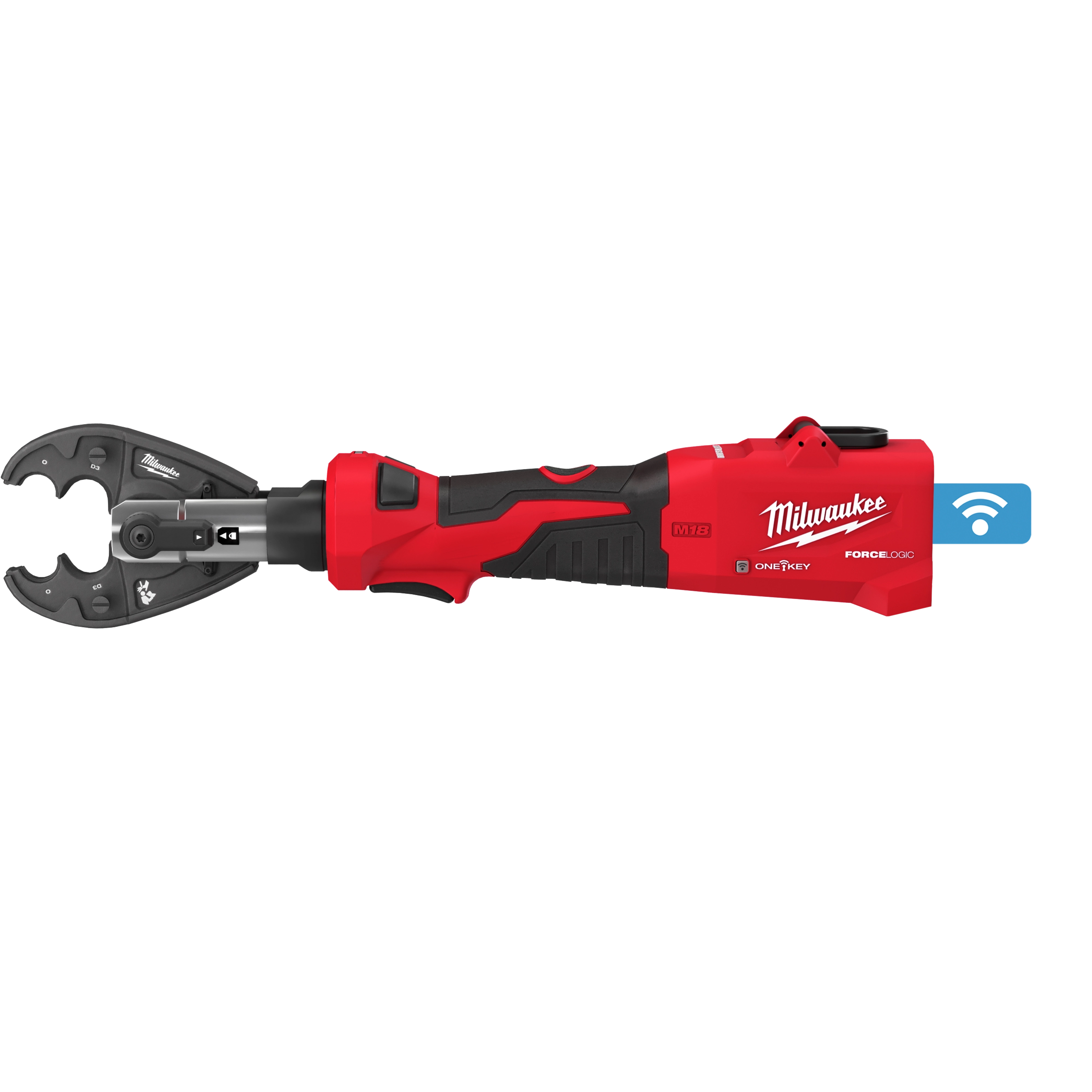 The image shows an M18™ FORCE LOGIC™ 6T Linear Utility Crimper with O-D3 and Cutting Jaws. The crimper is red and black, with a pistol-grip design, and features a blue wireless connectivity symbol. The brand name is prominently displayed on its side.