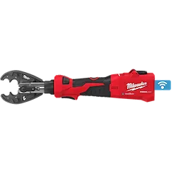 The image shows an M18™ FORCE LOGIC™ 6T Linear Utility Crimper with O-D3 and Cutting Jaws. The crimper is red and black, with a pistol-grip design, and features a blue wireless connectivity symbol. The brand name is prominently displayed on its side.
