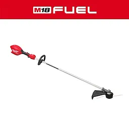 Milwaukee M18 FUEL 16" String Trimmer with a red and silver body, designed for trimming grass and light brush.