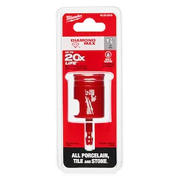 1-1/8" Diamond Max Hole Saw Bit in red packaging, suitable for cutting porcelain, tile, and stone, offering up to 20x longer life.