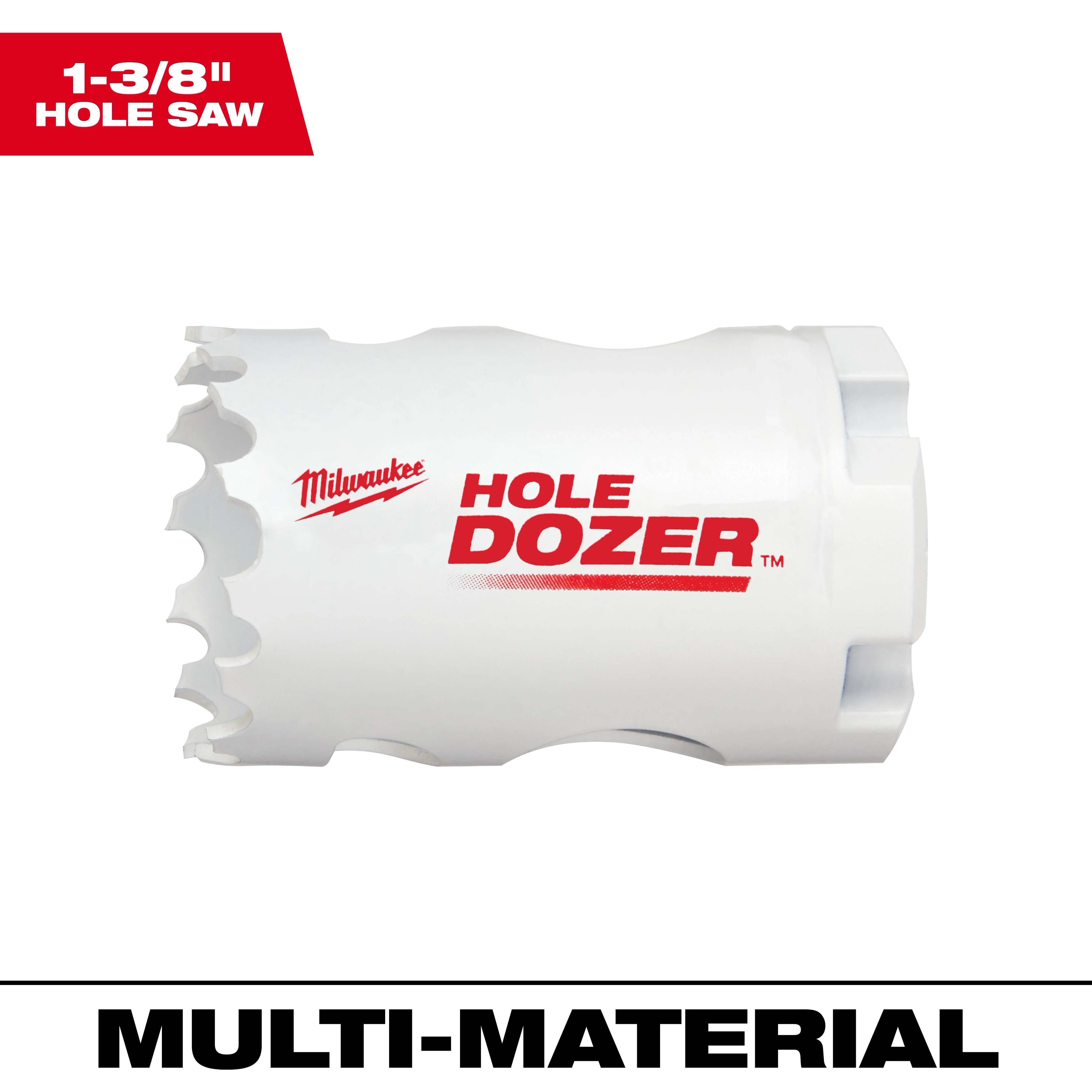 1-3/8" Hole Dozer Bi-Metal Hole Saw, white cylindrical design with jagged cutting edge and "Hole Dozer" text in red.
