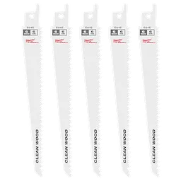 The image features five 6" 6 TPI Fleam Ground SAWZALL® Blades for Clean Wood (5 PK). Each blade is white with black text indicating "CLEAN WOOD" and the model number 5015. They are designed for precision cutting in wood materials. The brand logo is visible in red.