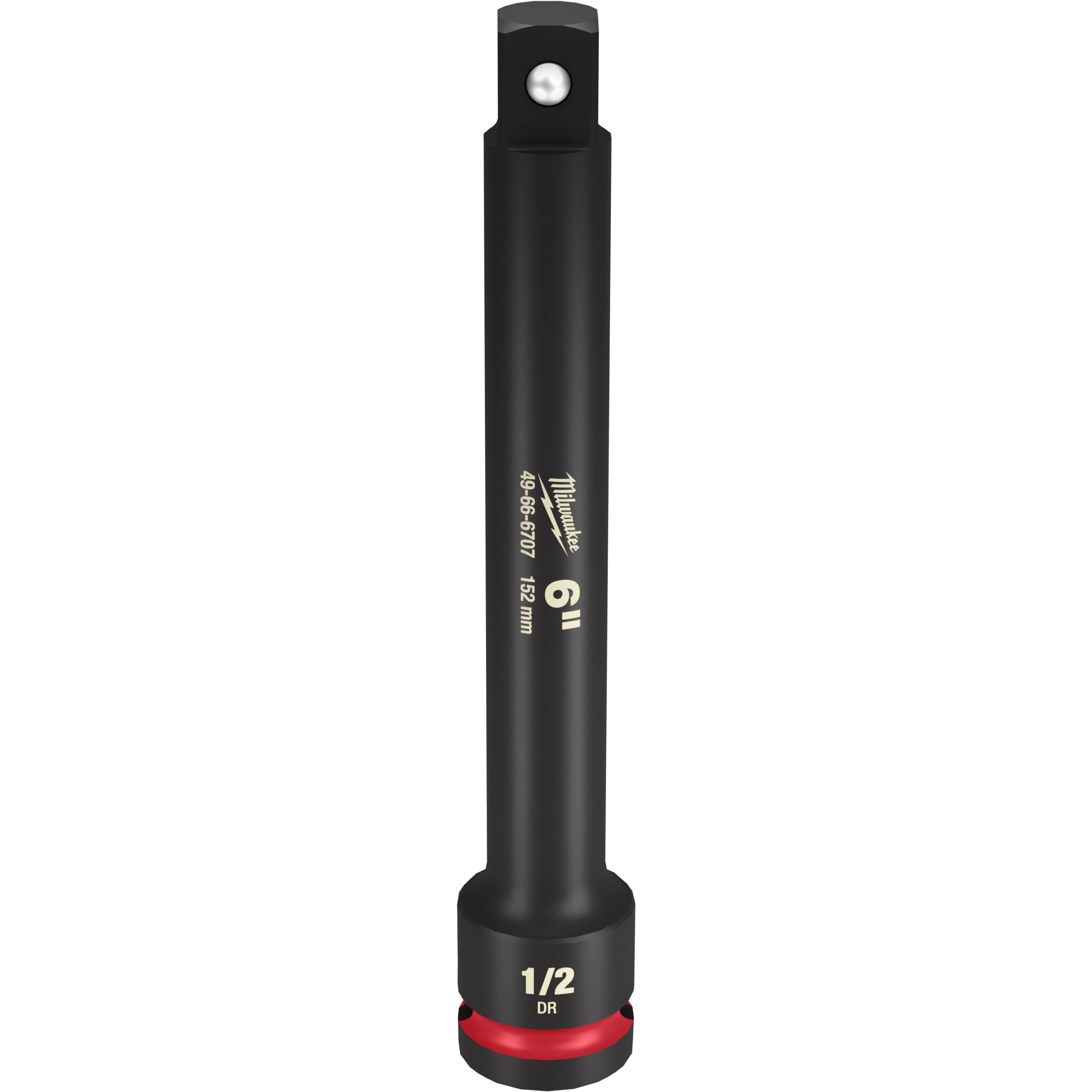 1/2 DR 6" Impact Extension, black with white text, including measurements and model number. Rounded ends with a red ring on the bottom.