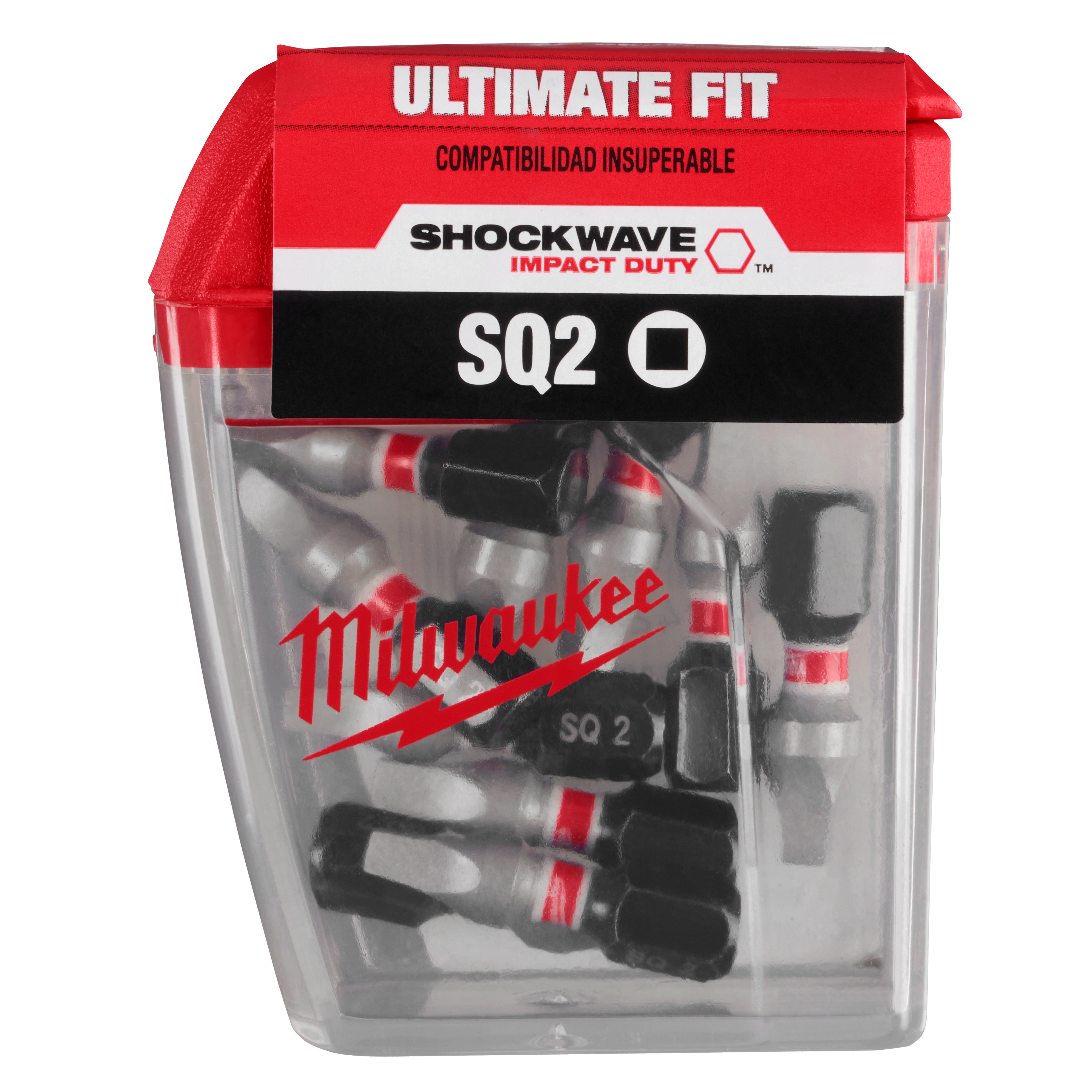 The image shows a clear plastic case of Milwaukee Shockwave Impact Duty SQ2 drill bits. The case has a red label at the top that reads "Ultimate Fit." The packaging also states "Compatibilidad Insuperable" and displays multiple drill bits inside.