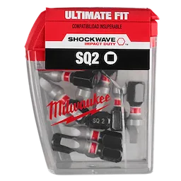 The image shows a clear plastic case of Milwaukee Shockwave Impact Duty SQ2 drill bits. The case has a red label at the top that reads "Ultimate Fit." The packaging also states "Compatibilidad Insuperable" and displays multiple drill bits inside.