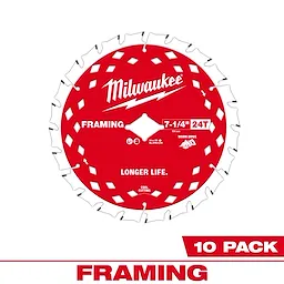 Milwaukee 7-1/4" 24T Framing Circular Saw Blade designed for longer life and cool cutting, shown in a red 10-pack packaging.