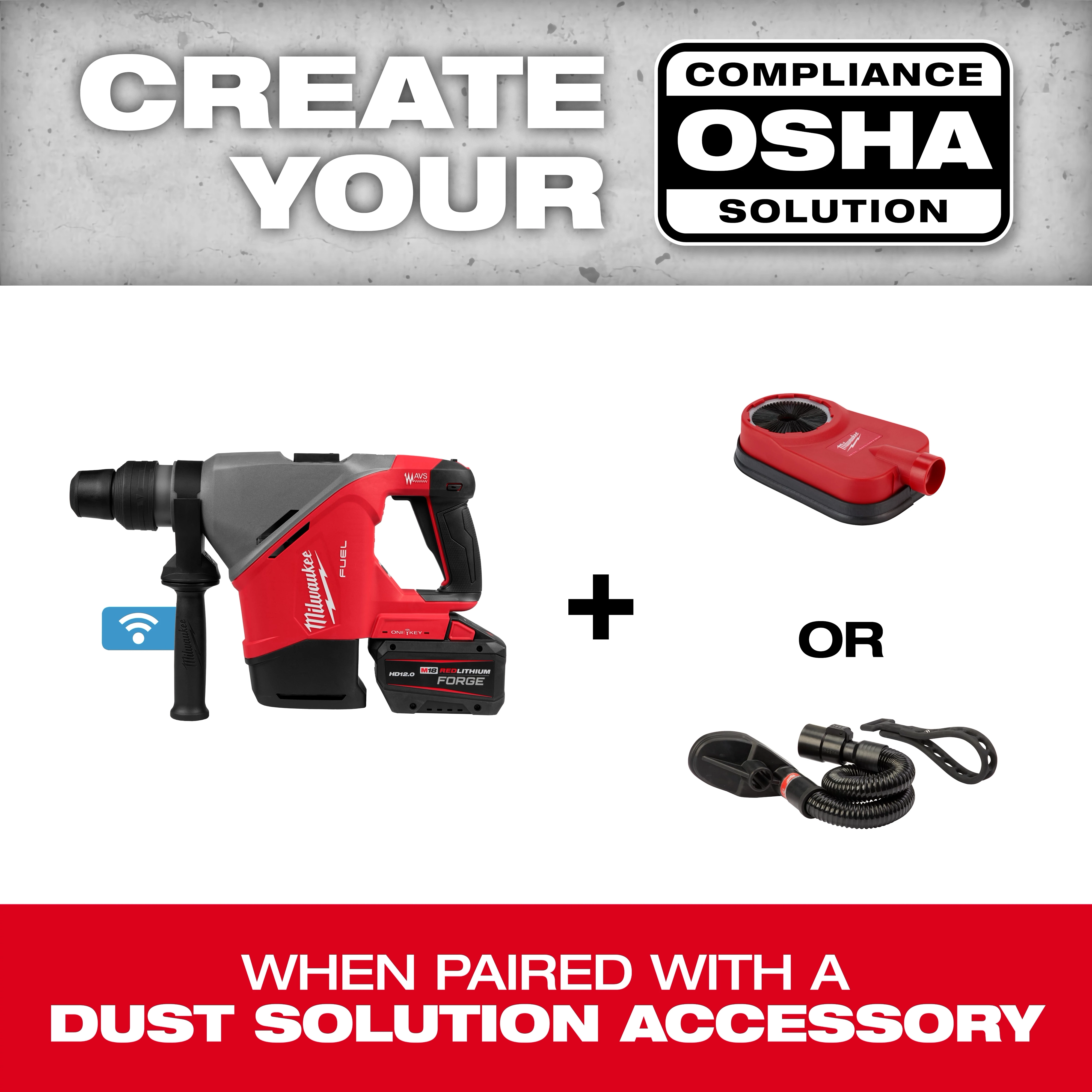 M18 FUEL 1-9/16" SDS Max Rotary Hammer with ONE-KEY alongside two dust solution accessories, promoting OSHA compliance.