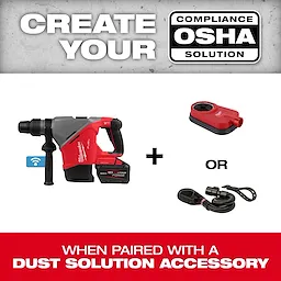 M18 FUEL 1-9/16" SDS Max Rotary Hammer with ONE-KEY alongside two dust solution accessories, promoting OSHA compliance.