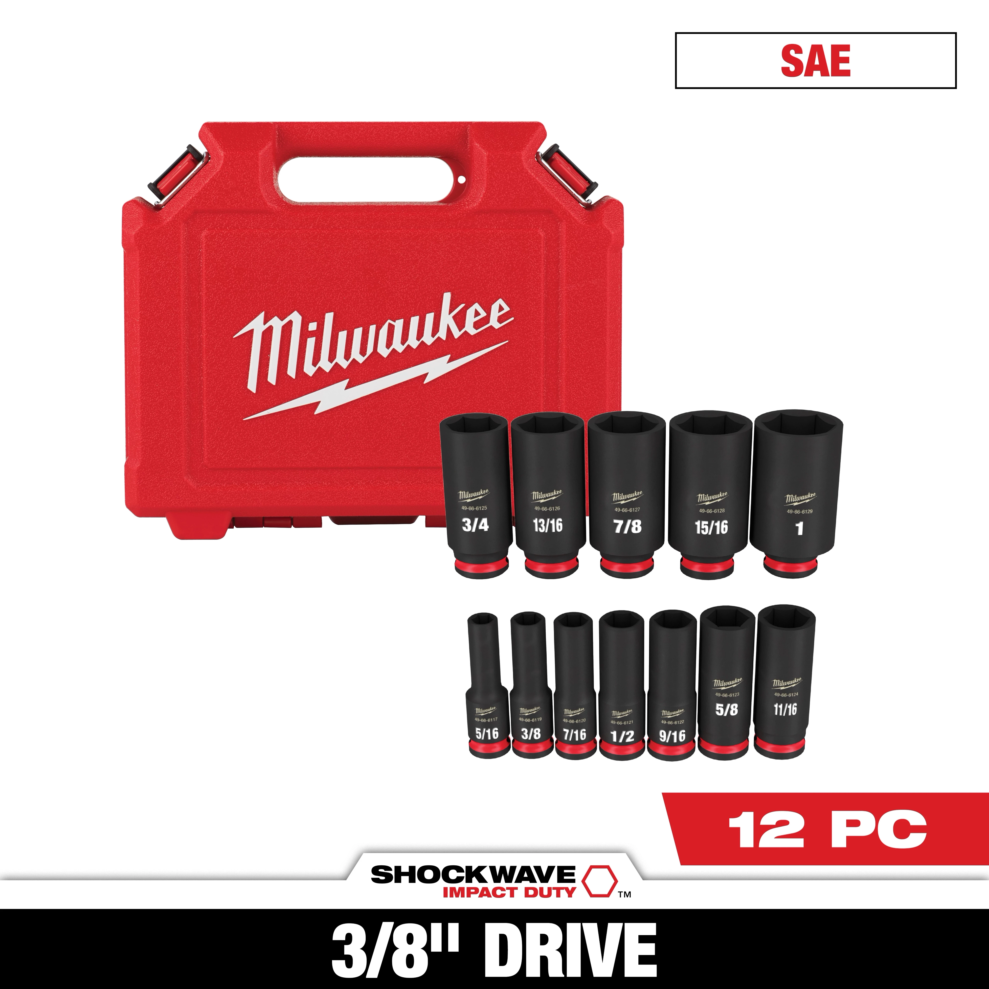 The SHOCKWAVE 3/8 in. Drive Deep Well 6 Point Impact Socket Set (12-Piece) includes a durable red carrying case and 12 black impact sockets, ranging from 5/16 to 1 inch sizes. Each socket is labeled with Milwaukee branding and designed for impact duty in SAE measurements.