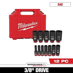 The SHOCKWAVE 3/8 in. Drive Deep Well 6 Point Impact Socket Set (12-Piece) includes a durable red carrying case and 12 black impact sockets, ranging from 5/16 to 1 inch sizes. Each socket is labeled with Milwaukee branding and designed for impact duty in SAE measurements.
