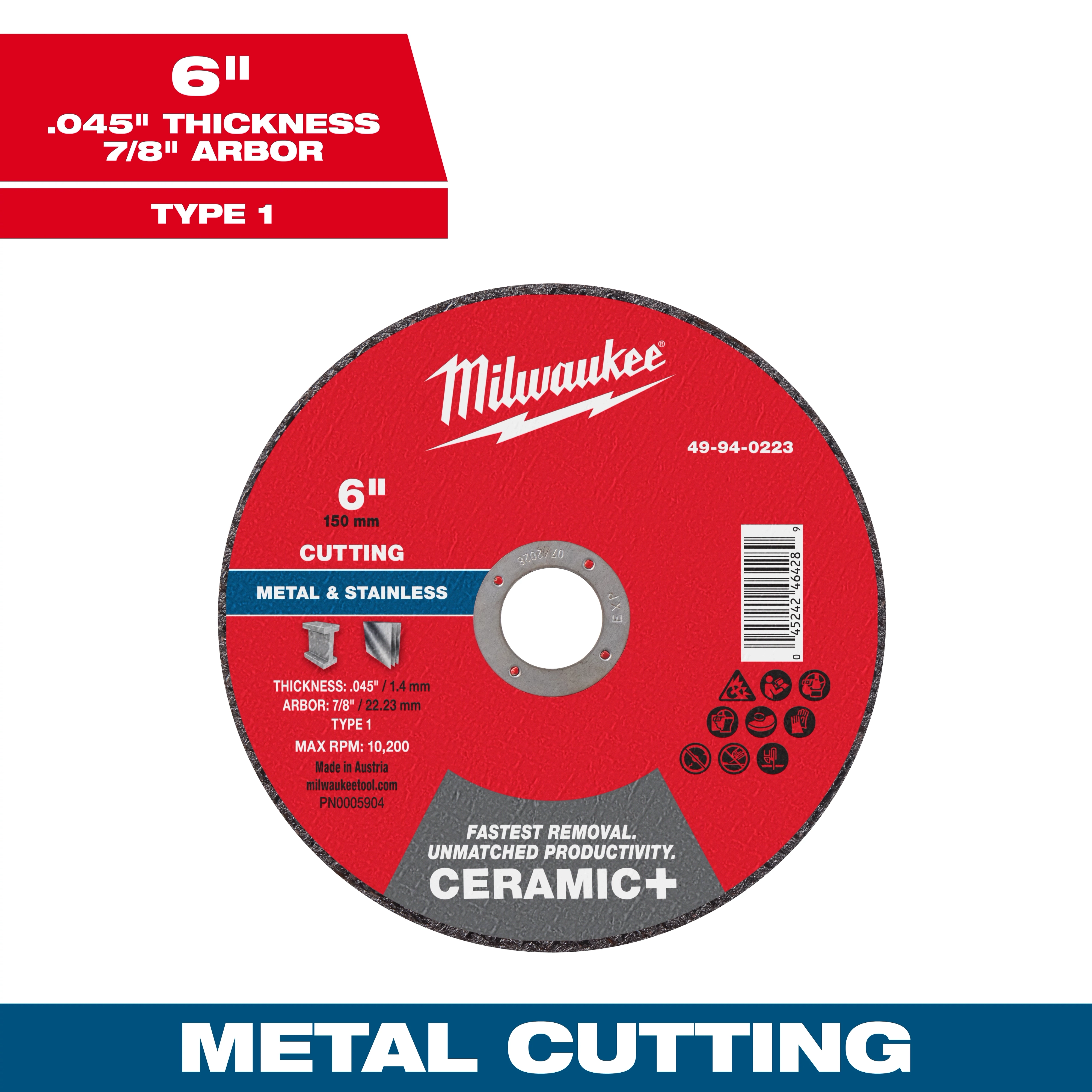 6" x .045" x 7/8" Ceramic+ Metal Cut Off Wheel Type 1 for metal and stainless cutting. Max RPM: 10,200.