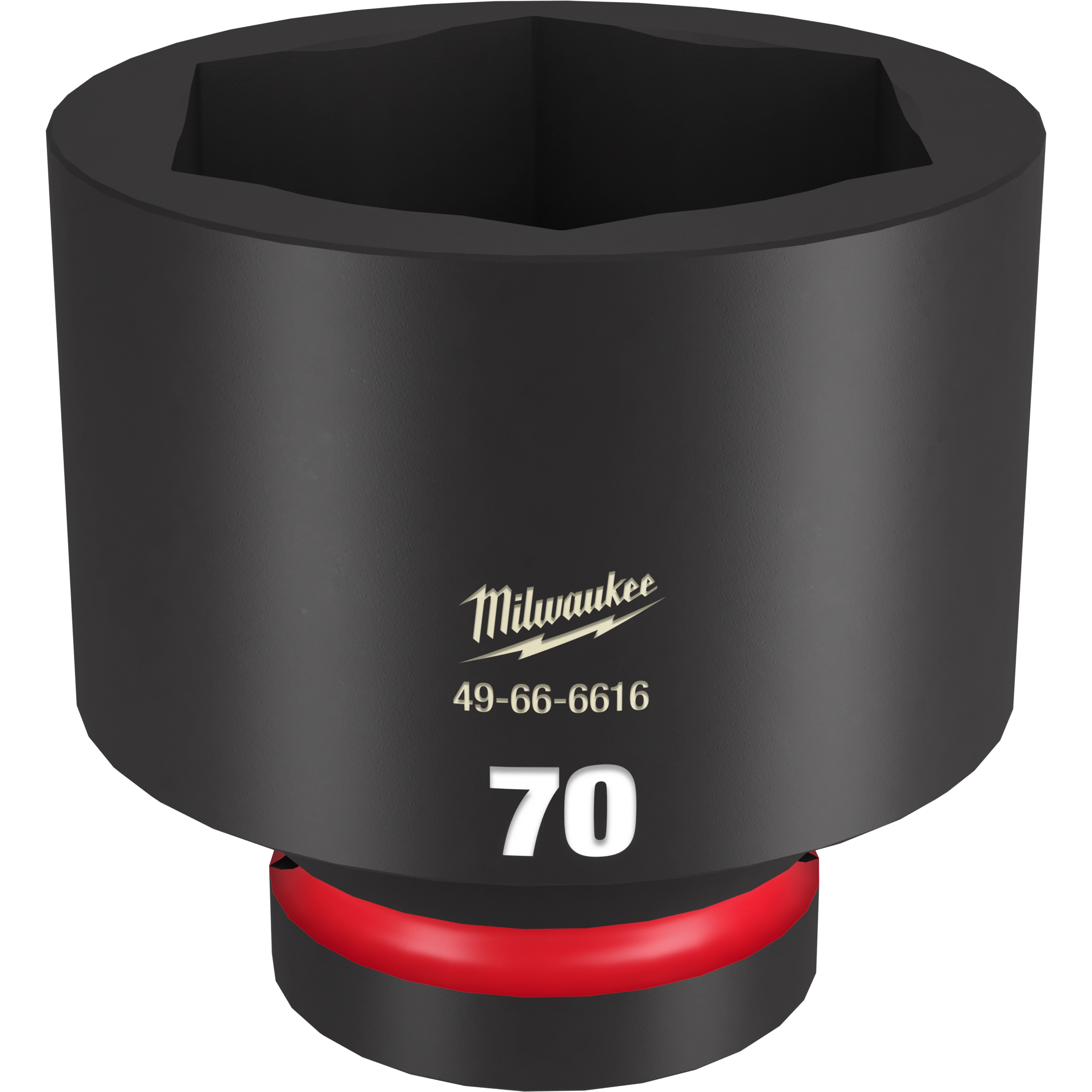 The 1" DR 70MM STD Impact Socket is a black, heavy-duty tool designed for impact applications. The socket features a 70 mm size marking in white and the brand name Milwaukee with model number 49-66-6616 on its surface. It includes a red accent near the base.