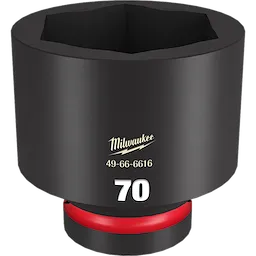 The 1" DR 70MM STD Impact Socket is a black, heavy-duty tool designed for impact applications. The socket features a 70 mm size marking in white and the brand name Milwaukee with model number 49-66-6616 on its surface. It includes a red accent near the base.