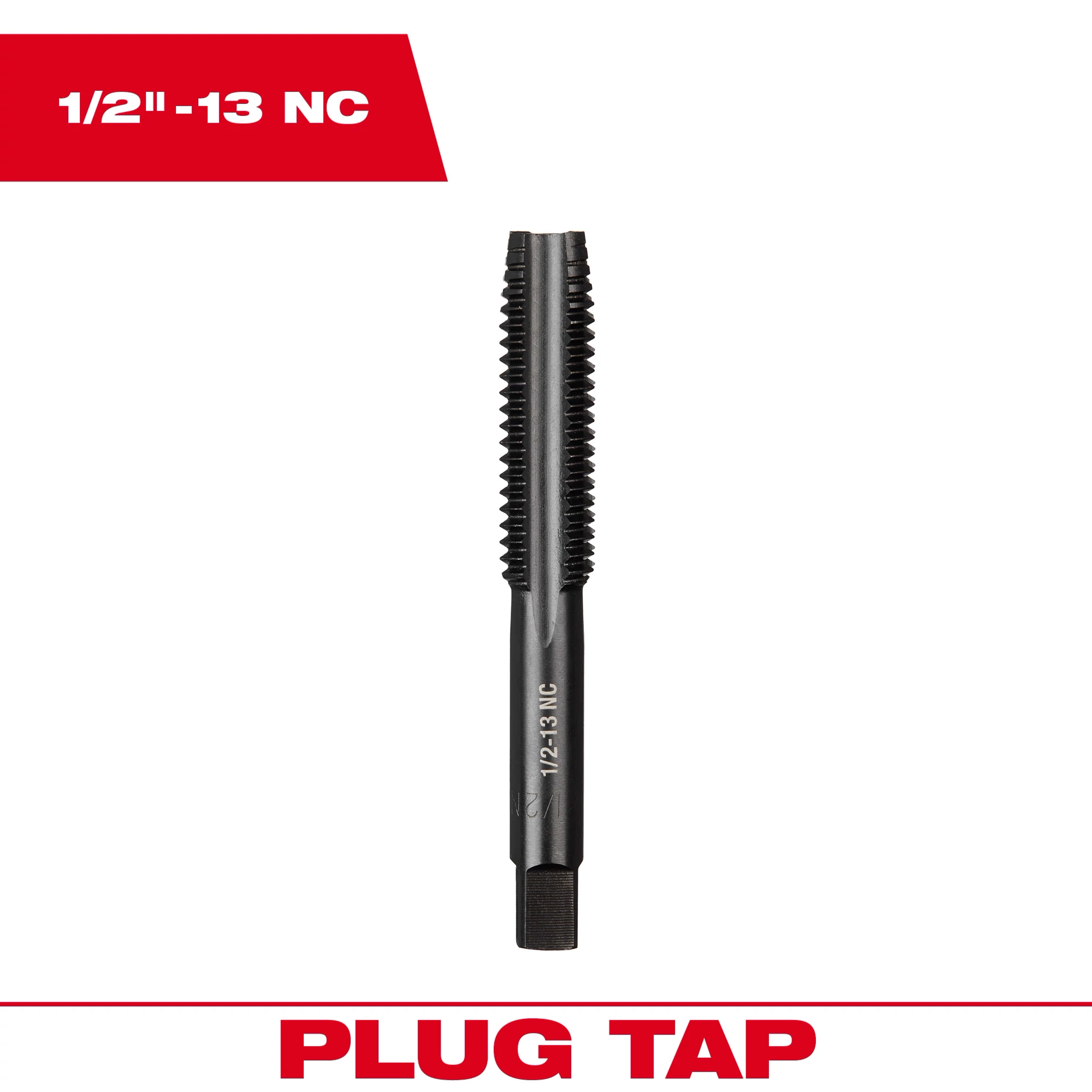1/2"-13 NC Straight Flute Plug Tap is shown upright against a white background with a red label at the top and "Plug Tap" text at the bottom.