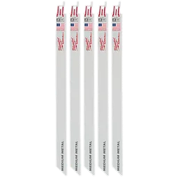 12" 18 TPI SAWZALL® Blade for Medium Metal (5 PK). This image features five identical metal cutting blades, white in color with red and black text and graphics, designed for medium metal applications, each displaying an American flag and brand logo.