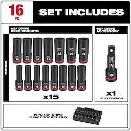 Milwaukee 16-piece 1/2" Drive Metric Deep Impact Socket Set includes 15 deep sockets (sizes 10-24 mm), one 3" extension, and an impact socket tray. The sockets feature a durable black finish with red accents.