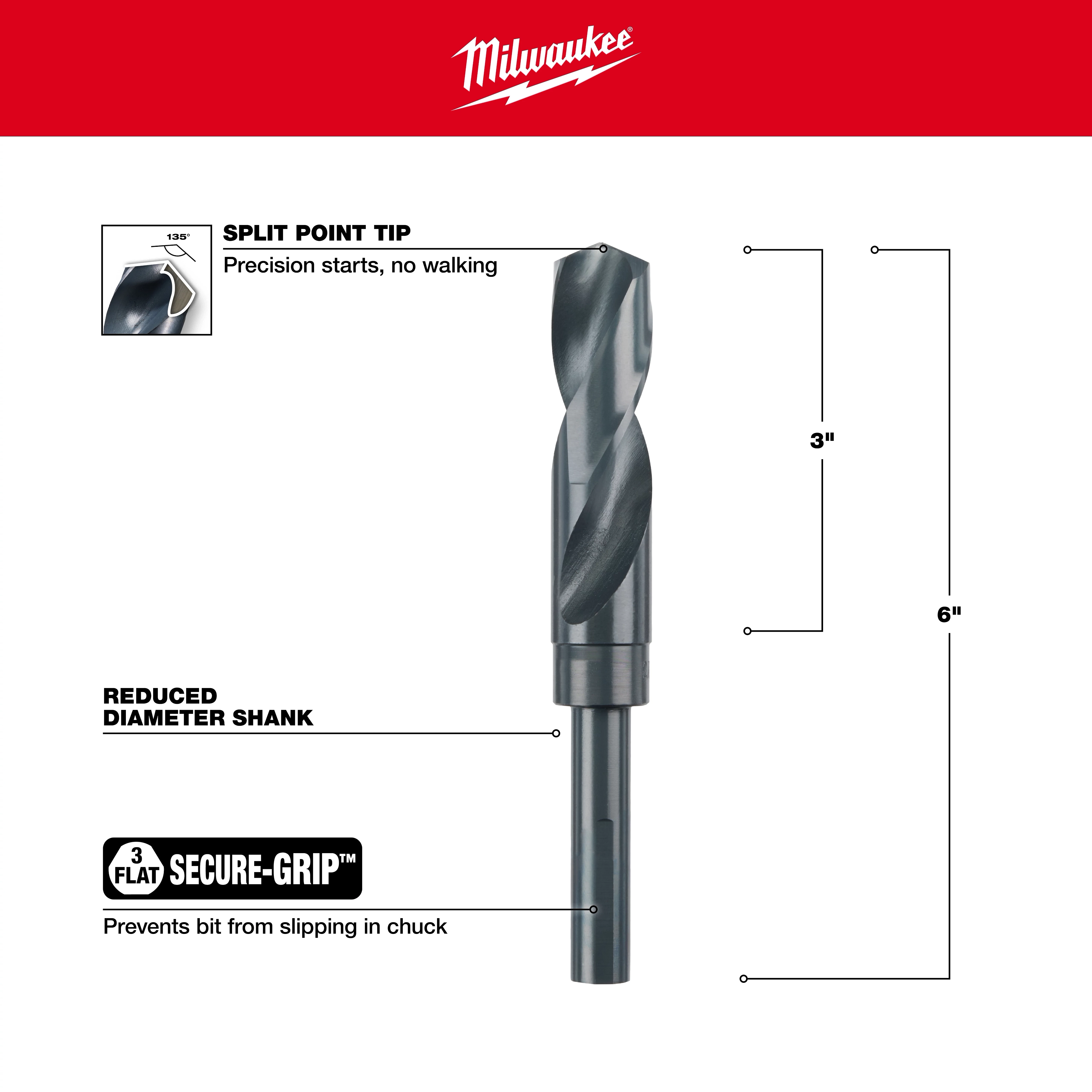 Milwaukee 48-89-2749 Walkaround drill bit with a split point tip for precision, reduced diameter shank, and secure-grip feature.