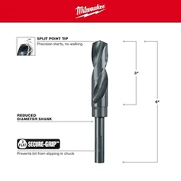 Milwaukee 48-89-2749 Walkaround drill bit with a split point tip for precision, reduced diameter shank, and secure-grip feature.
