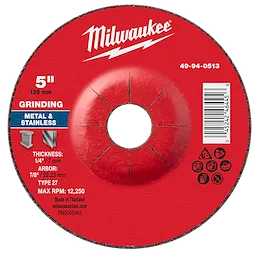 Red 5" x 1/4" x 7/8" Metal Grinding Wheel - Type 27 for grinding metal and stainless steel. Max RPM: 12,250.