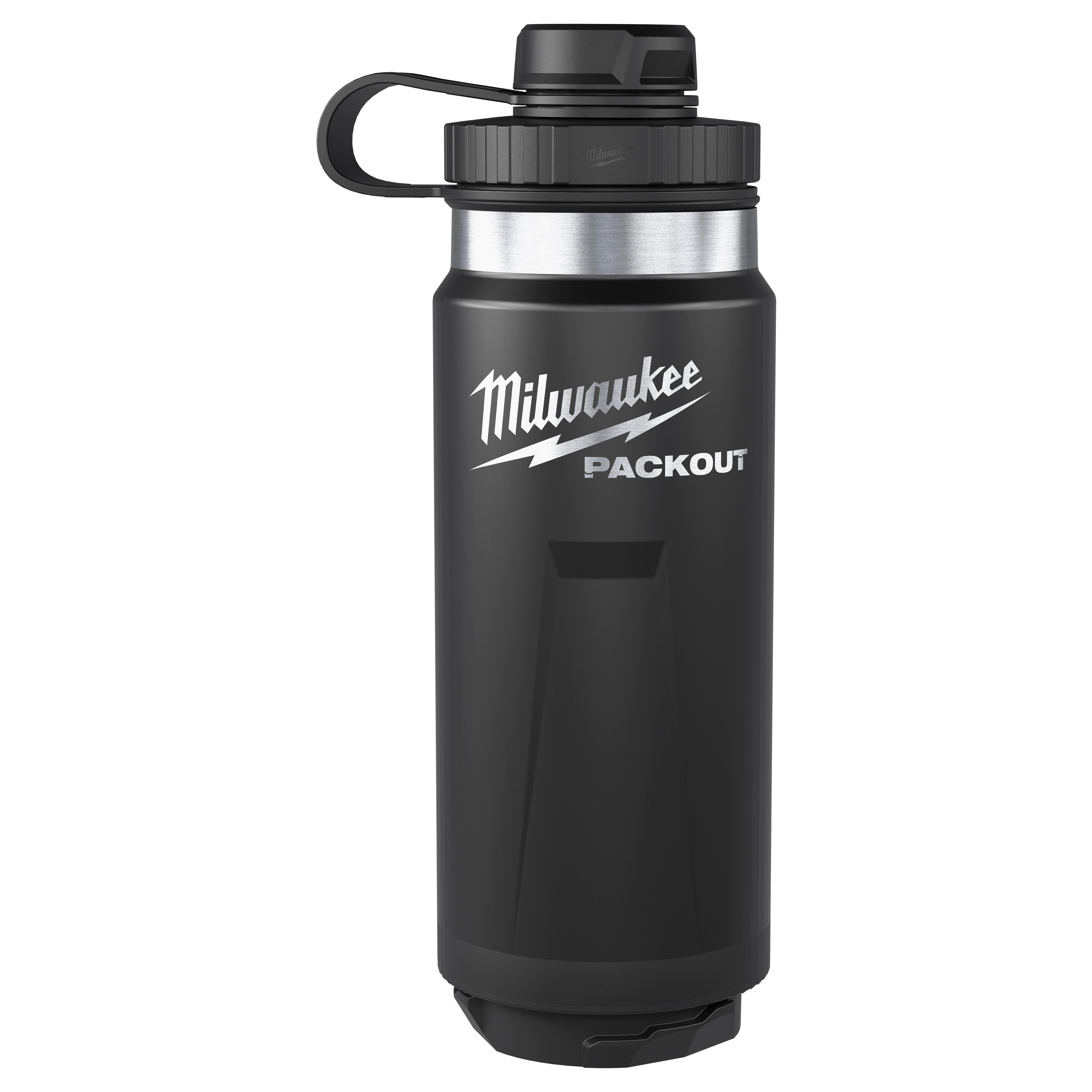 PACKOUT 24oz Insulated Bottle with Tether Lid standing upright with a screw-on cap and carry loop.