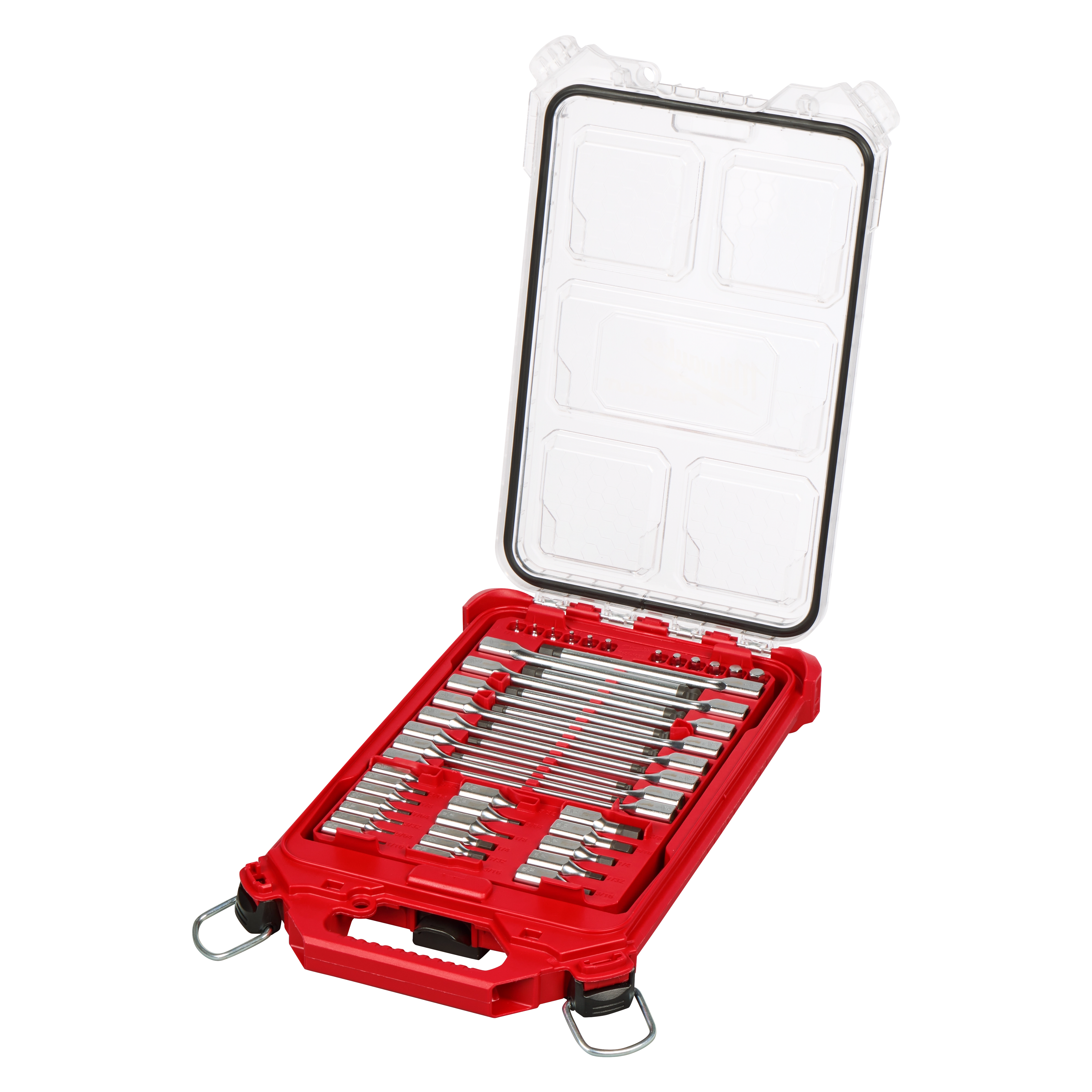 46pc 1/4” and 3/8” Drive SAE Bit Socket Set with PACKOUT Compact Low-Profile Organizer open with arranged bits.