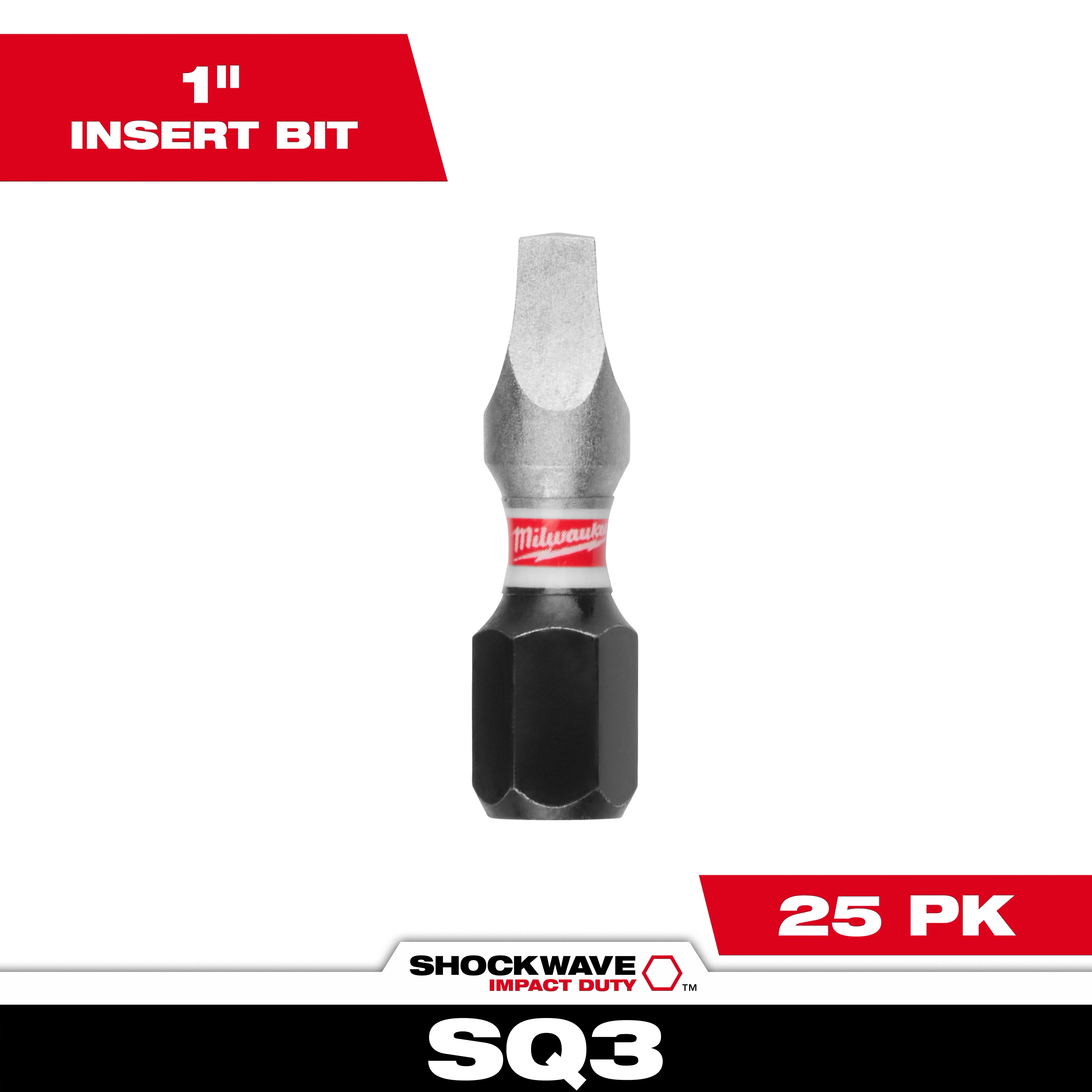 Image of SHOCKWAVE™ 1" Impact Duty Square Recess #3 Insert Bits Bulk, 25 PK. The bit features a durable construction with a reinforced tip and hex shaft. The label includes "Milwaukee" in red. Text on the image highlights "1" Insert Bit" and "25 PK".