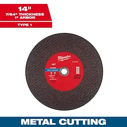 14" x 7/64" x 1" Metal Cut Off Wheel - Type 1. Red and black abrasive wheel for cutting metal and stainless steel, labeled "Metal Cutting."