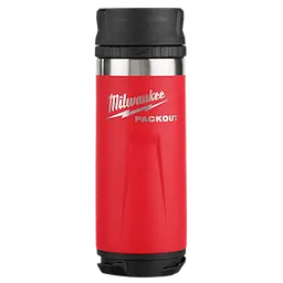 Red Milwaukee PACKOUT 18oz Insulated Bottle with Sip Lid, featuring a black lid and stainless-steel accents.