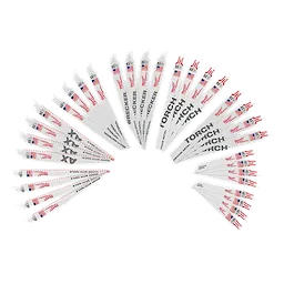 The 32PC Wood and Metal Cutting SAWZALL® Blade Set includes 32 white blades with red and black branding, arranged in a semicircle. The set features various blade types for different cutting applications, such as “TORCH” and “WRECKER” labels for metal and demolition cutting tasks.