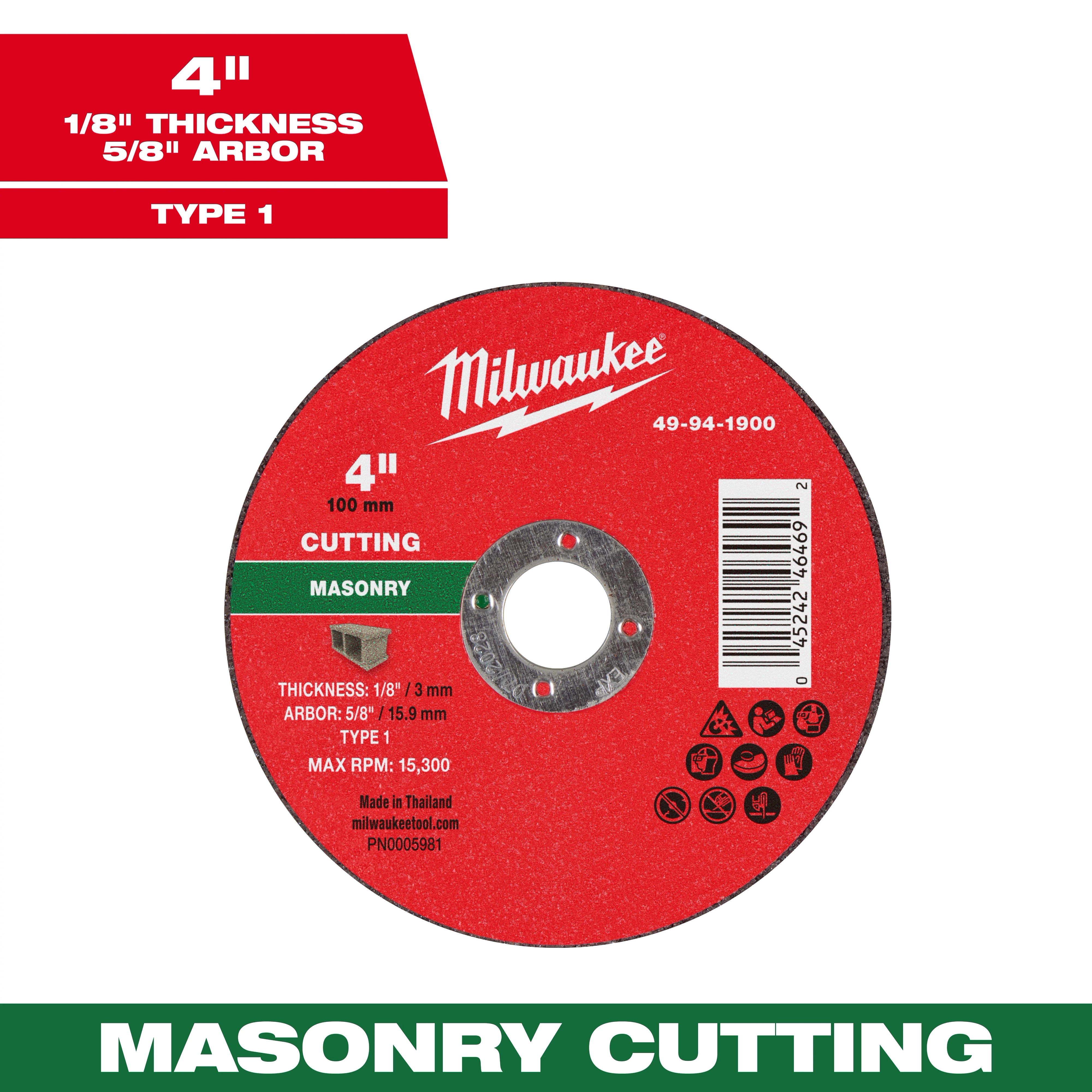 4" x 1/8" x 5/8" Masonry Cut Off Wheel - Type 1 for cutting masonry, red with specifications and safety icons.
