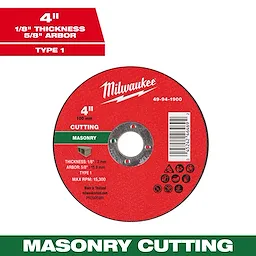 4" x 1/8" x 5/8" Masonry Cut Off Wheel - Type 1 for cutting masonry, red with specifications and safety icons.
