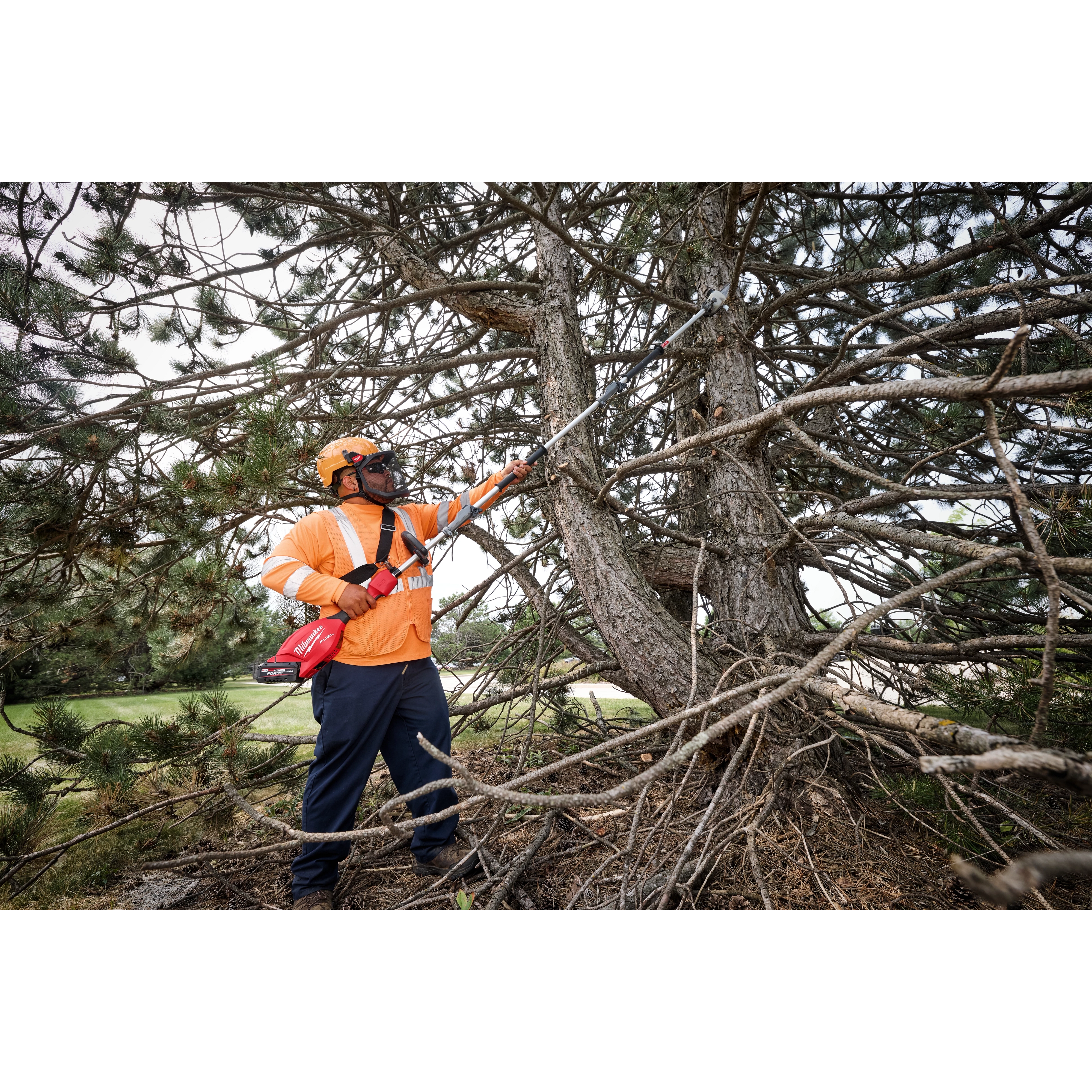 A worker in safety gear trims tree branches with a pole saw in a wooded area.