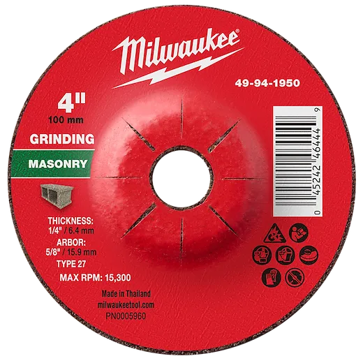 4" x 1/4" x 5/8" Masonry Grinding Wheel - Type 27 with center hole, showing specifications and safety icons, made in Thailand.
