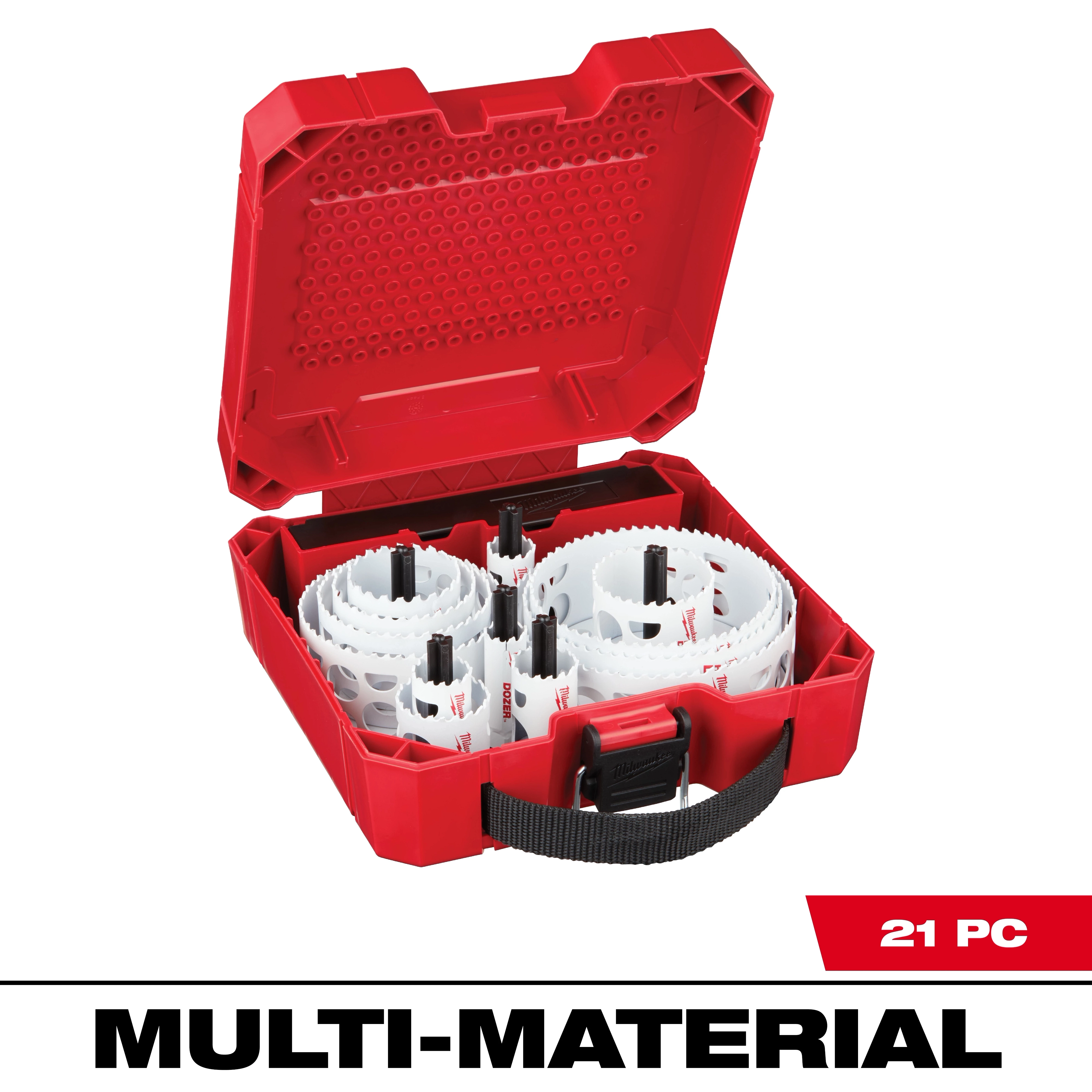 Red case of 21 multi-material hole saws named 49-22-4171%20Primary%20Image. The saws are neatly organized inside the open case.