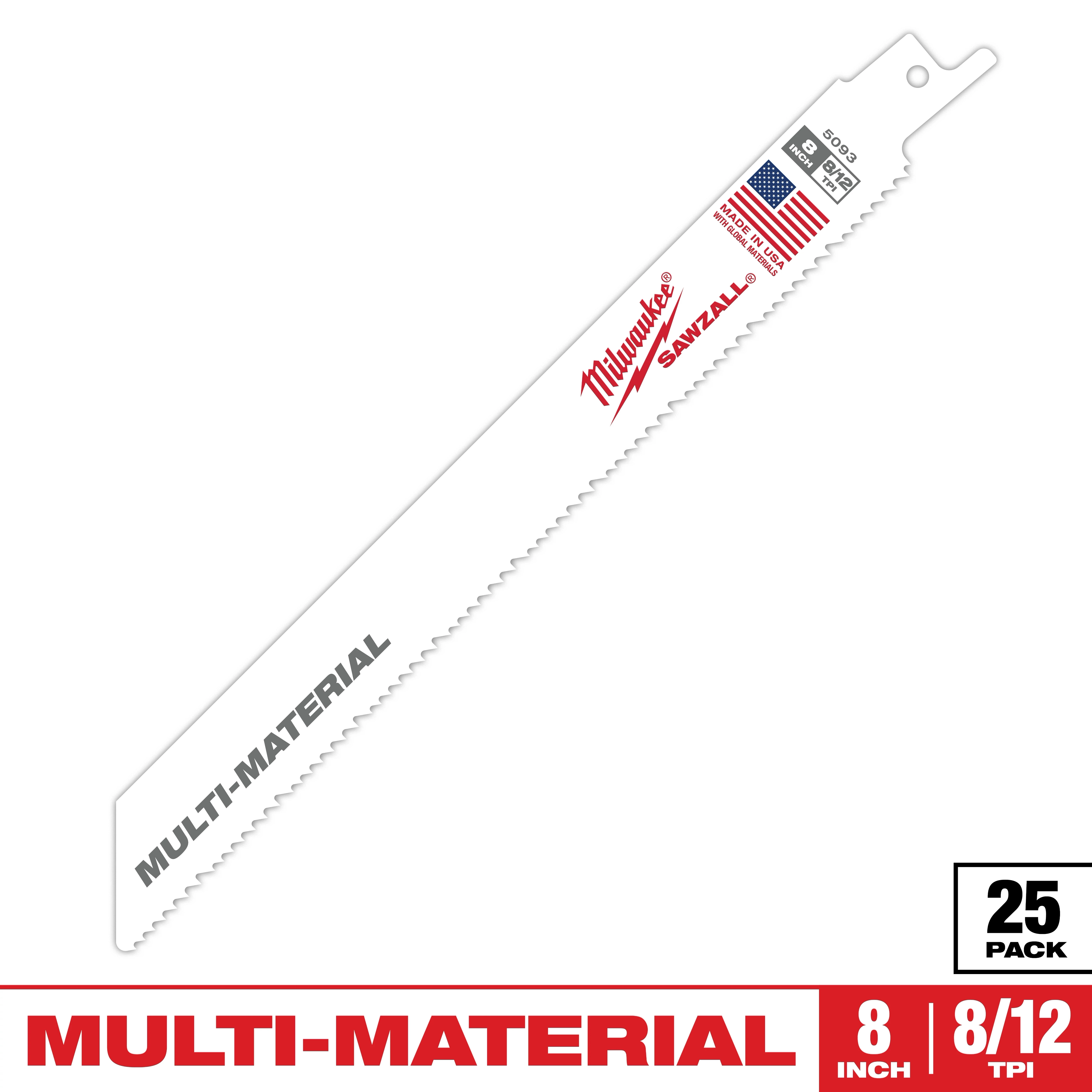Sawzall Bi-Metal Carbide Primary Images show a white multi-material saw blade. It is 8 inches long with 8/12 teeth per inch. The blade features the trademark, "Sawzall" in red letters and an American flag printed near the top. It comes in a pack of 25.