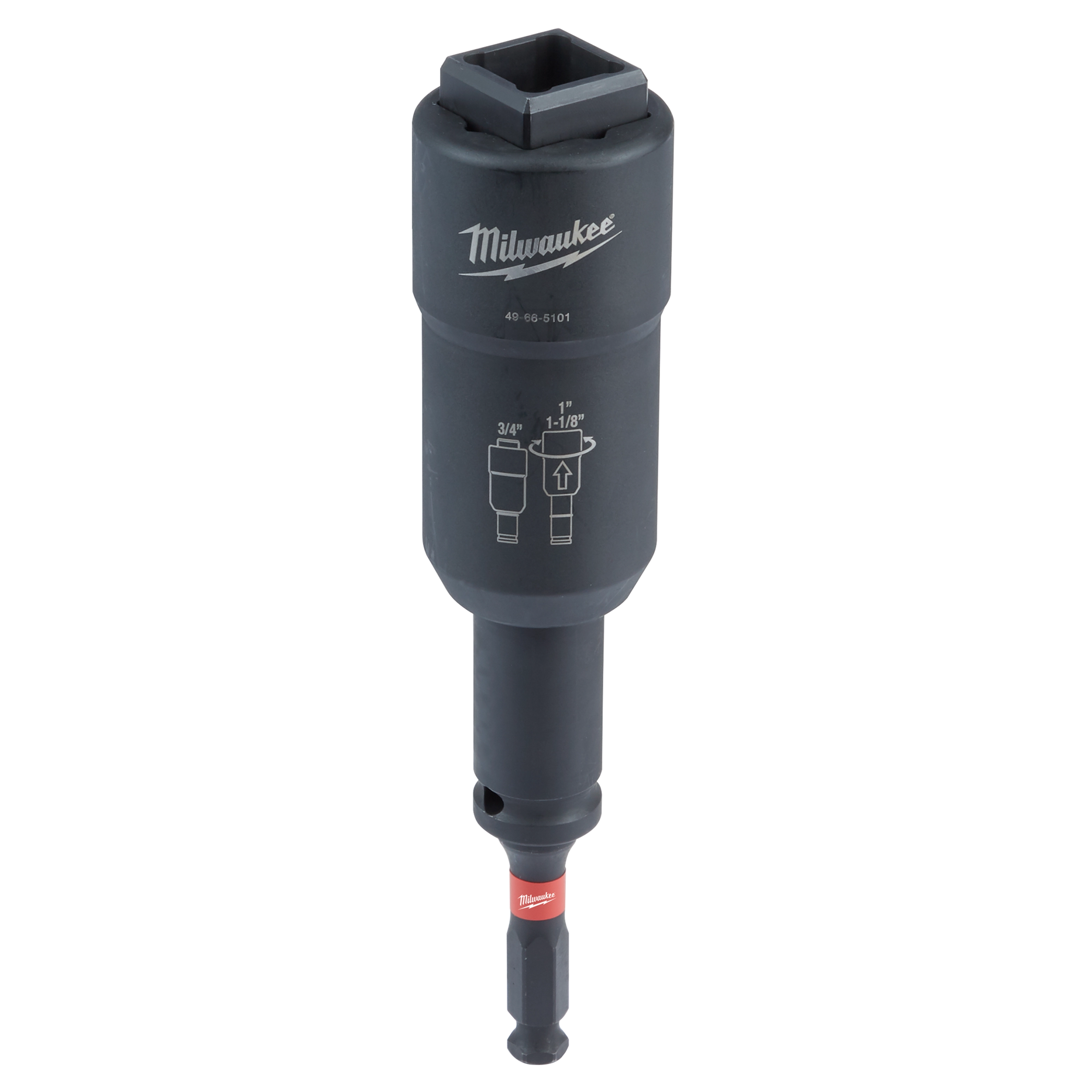 The SHOCKWAVE™ Lineman's 3-in-1 Distribution Utility & Transmission Sockets tool is shown with its brand logo and measurements for 3/4" and 1-1/8" sockets. The tool has a black metallic finish and includes a red tip.