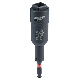 The SHOCKWAVE™ Lineman's 3-in-1 Distribution Utility & Transmission Sockets tool is shown with its brand logo and measurements for 3/4" and 1-1/8" sockets. The tool has a black metallic finish and includes a red tip.