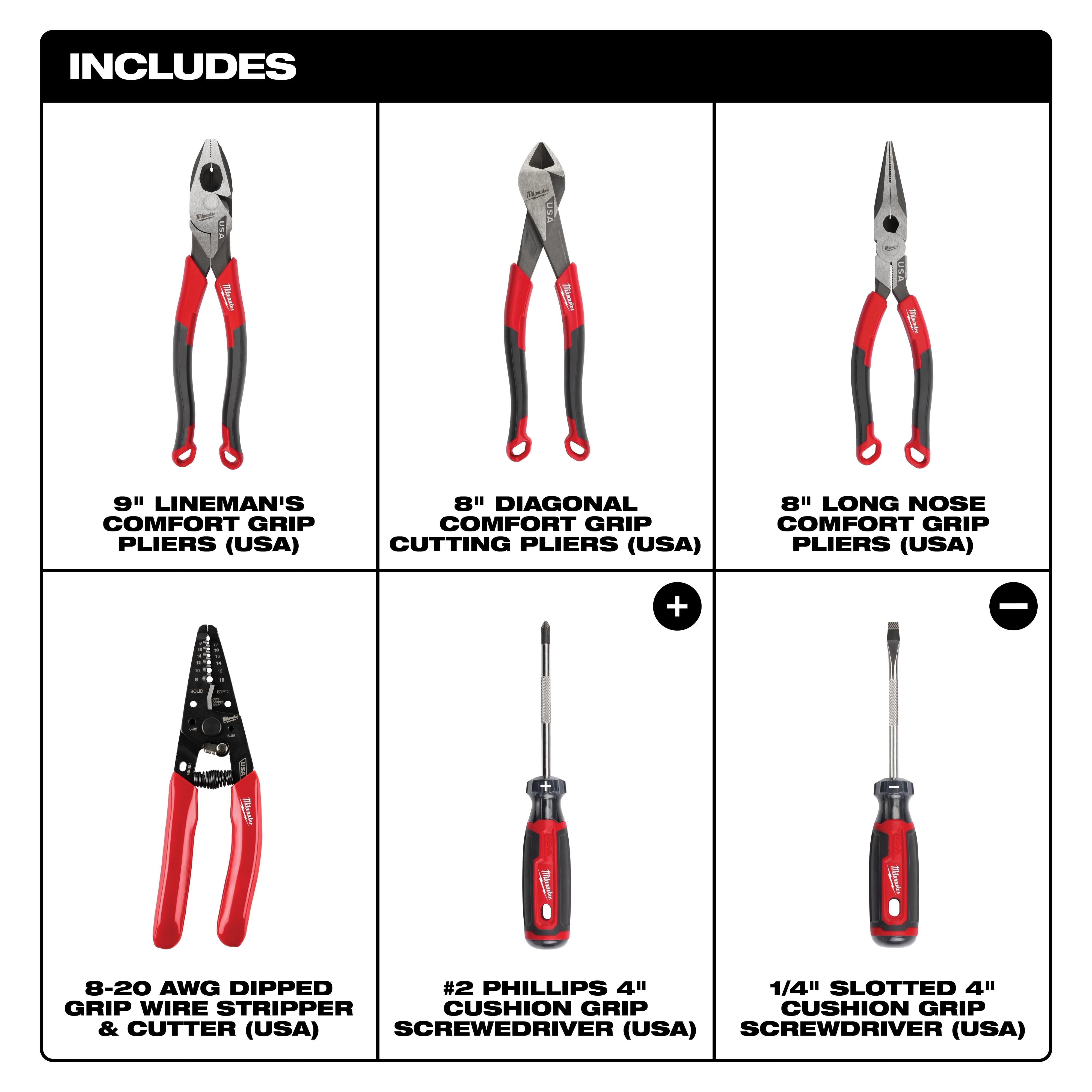6 PC Comfort Grip Cutting Pliers, Wire Stripper, & Cushion Grip Screwdrivers Set (USA) includes pliers and screwdrivers.