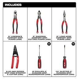 6 PC Comfort Grip Cutting Pliers, Wire Stripper, & Cushion Grip Screwdrivers Set (USA) includes pliers and screwdrivers.