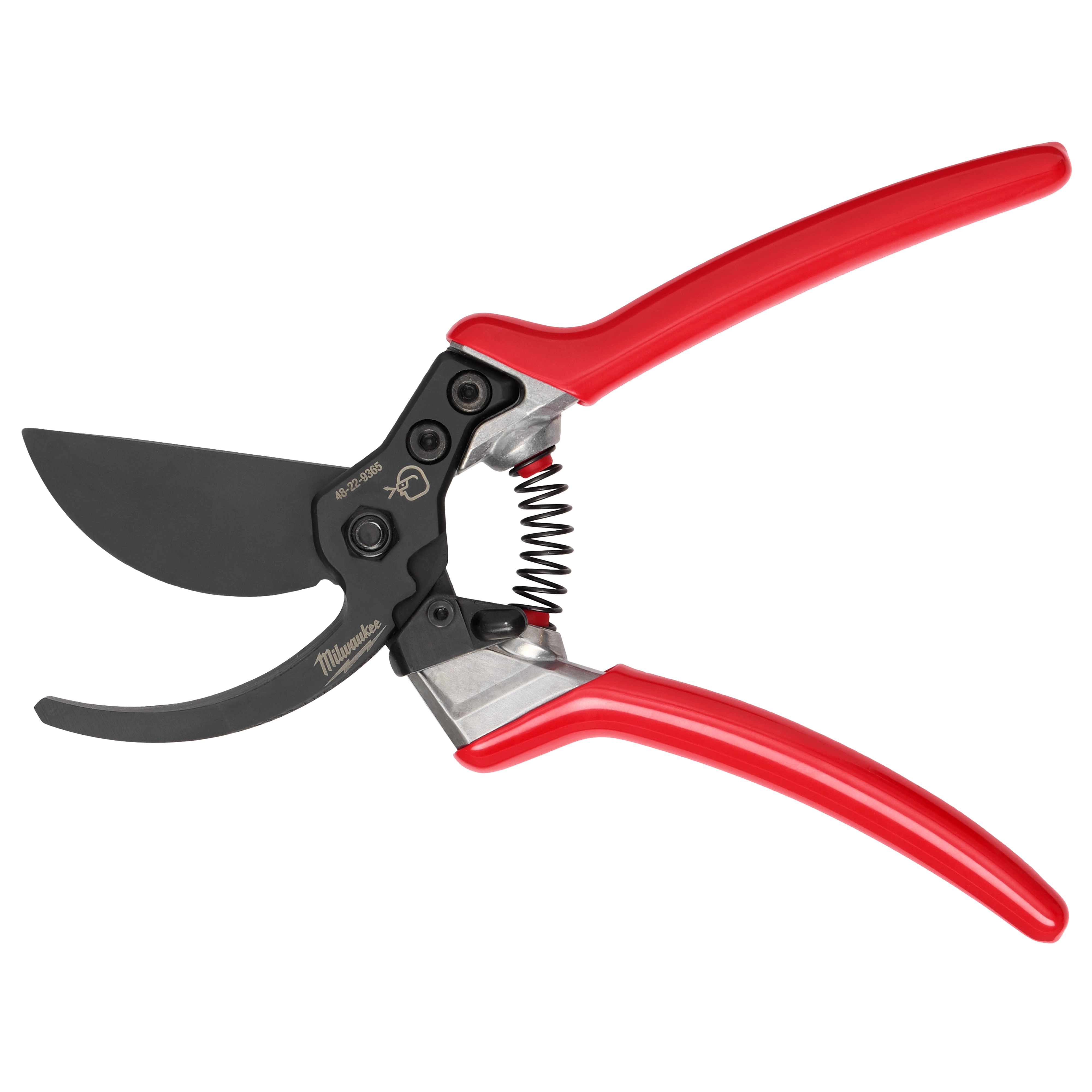 The image shows a 1-inch pruner with red handles and black blades. The handles are spring-loaded, designed for cutting plants or bushes.