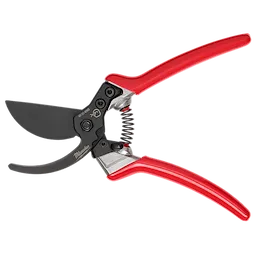 The image shows a 1-inch pruner with red handles and black blades. The handles are spring-loaded, designed for cutting plants or bushes.