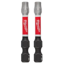 The image shows two SHOCKWAVE™ 2" Impact Duty TORX® T30 Power Bits (2 PK) by Milwaukee. These are black hex-shank bits with red and white branding, designed for high-torque impact drivers.