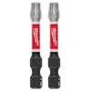 The image shows two SHOCKWAVE™ 2" Impact Duty TORX® T30 Power Bits (2 PK) by Milwaukee. These are black hex-shank bits with red and white branding, designed for high-torque impact drivers.