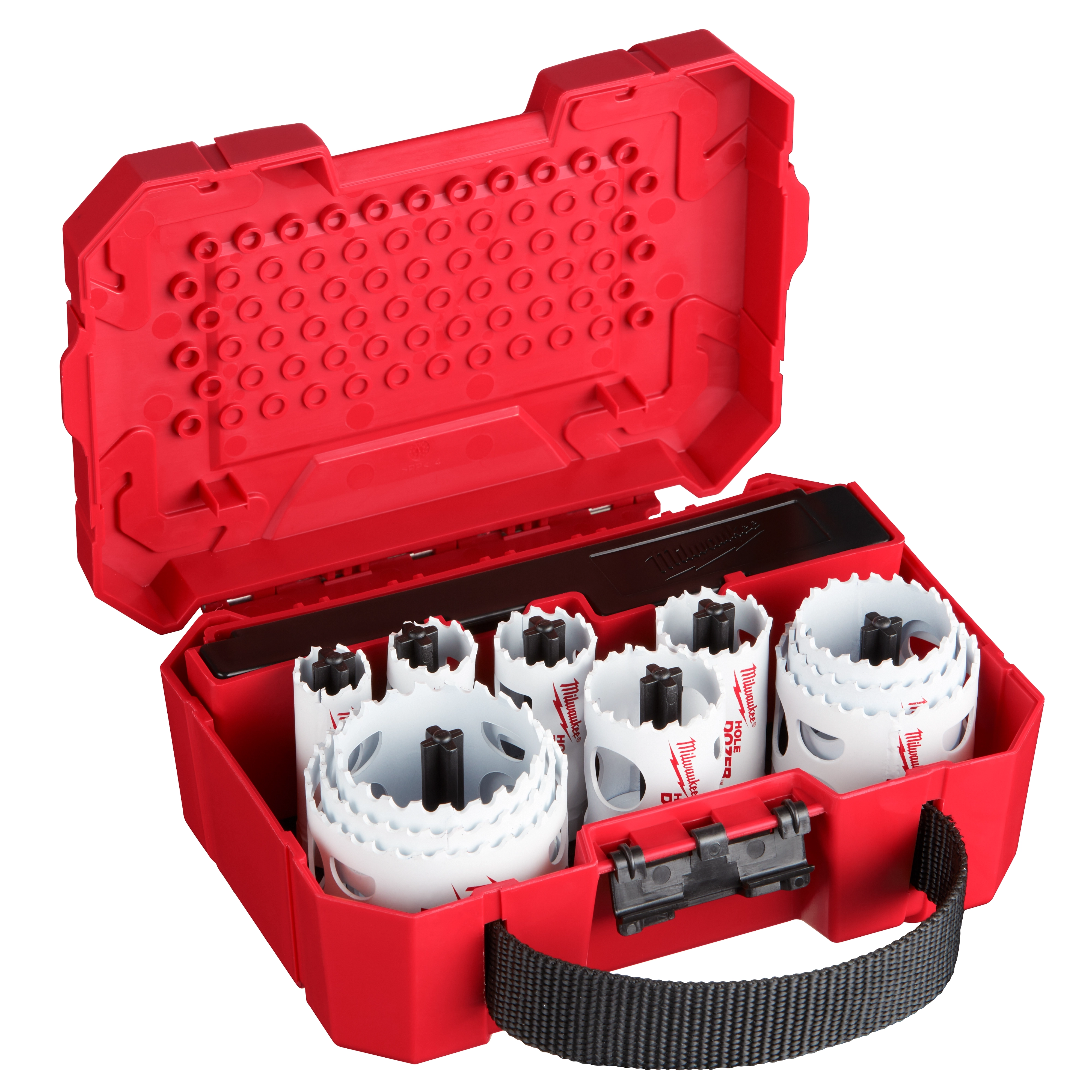 15%20PC%20HOLE%20DOZER%20KIT includes various sizes of hole saws stored in a durable red carrying case with a black handle.