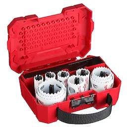 15%20PC%20HOLE%20DOZER%20KIT includes various sizes of hole saws stored in a durable red carrying case with a black handle.
