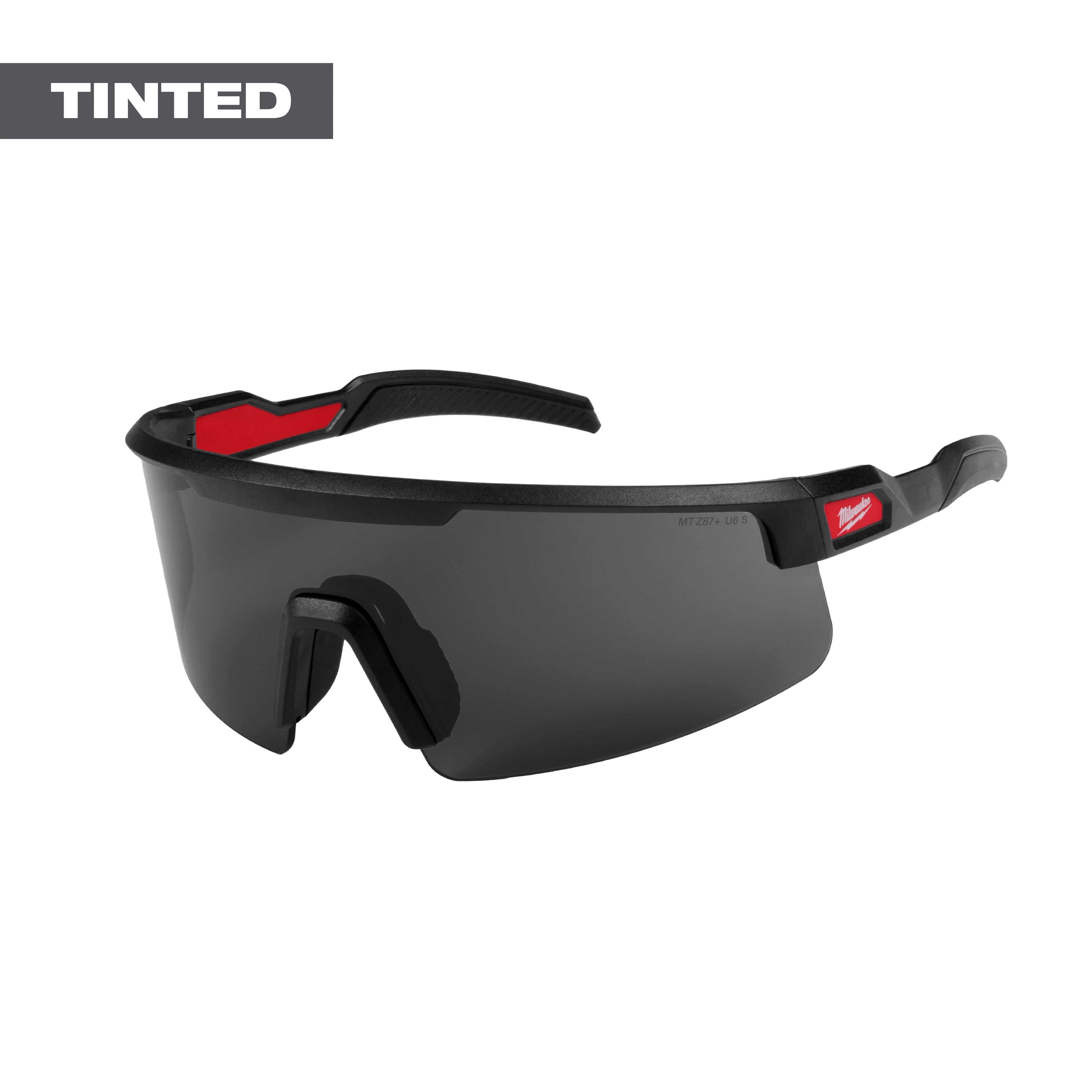 Wrap Around Safety Glasses with tinted anti-scratch lenses, featuring a black frame with red accents and a "TINTED" label.