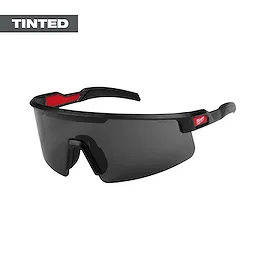 Wrap Around Safety Glasses with tinted anti-scratch lenses, featuring a black frame with red accents and a "TINTED" label.